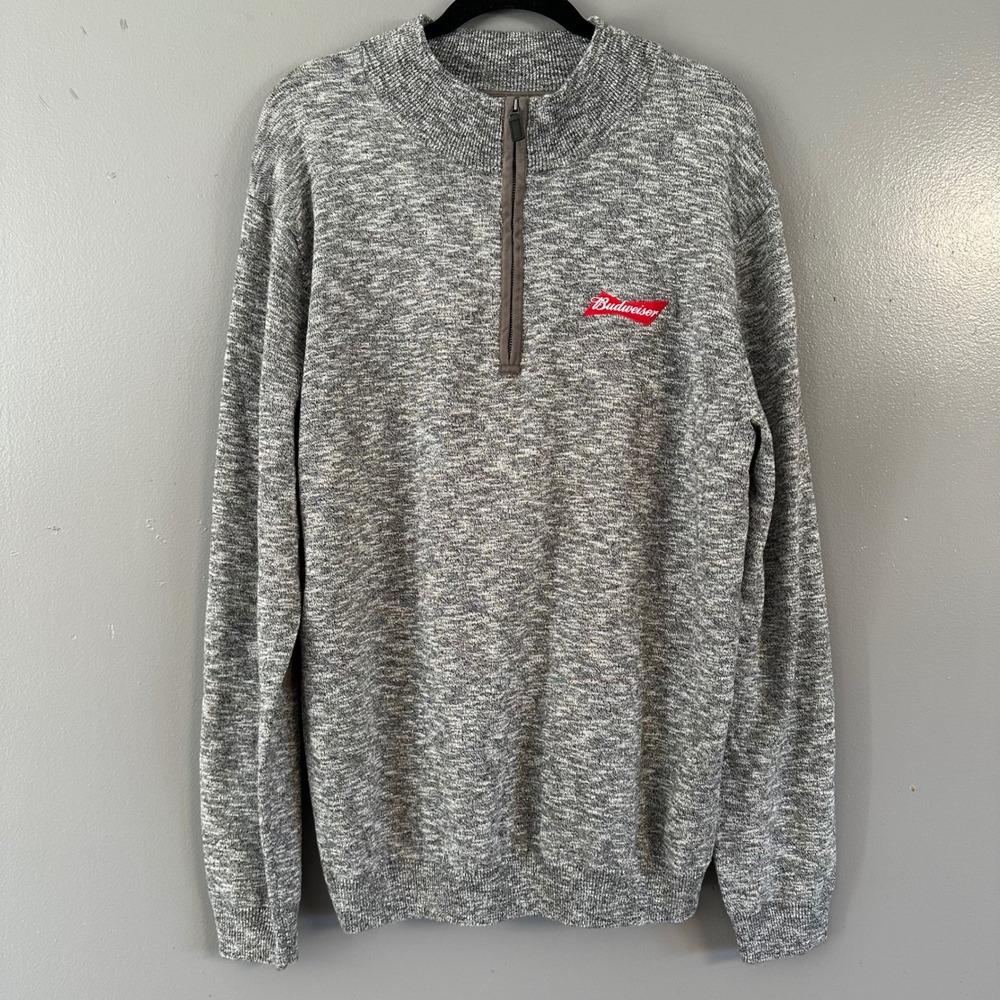 BUDWEISER SALUTE BY LEVELWEAR 1/4‎ ZIP PULLOVER SWEATER LARGE HEATHER GREY